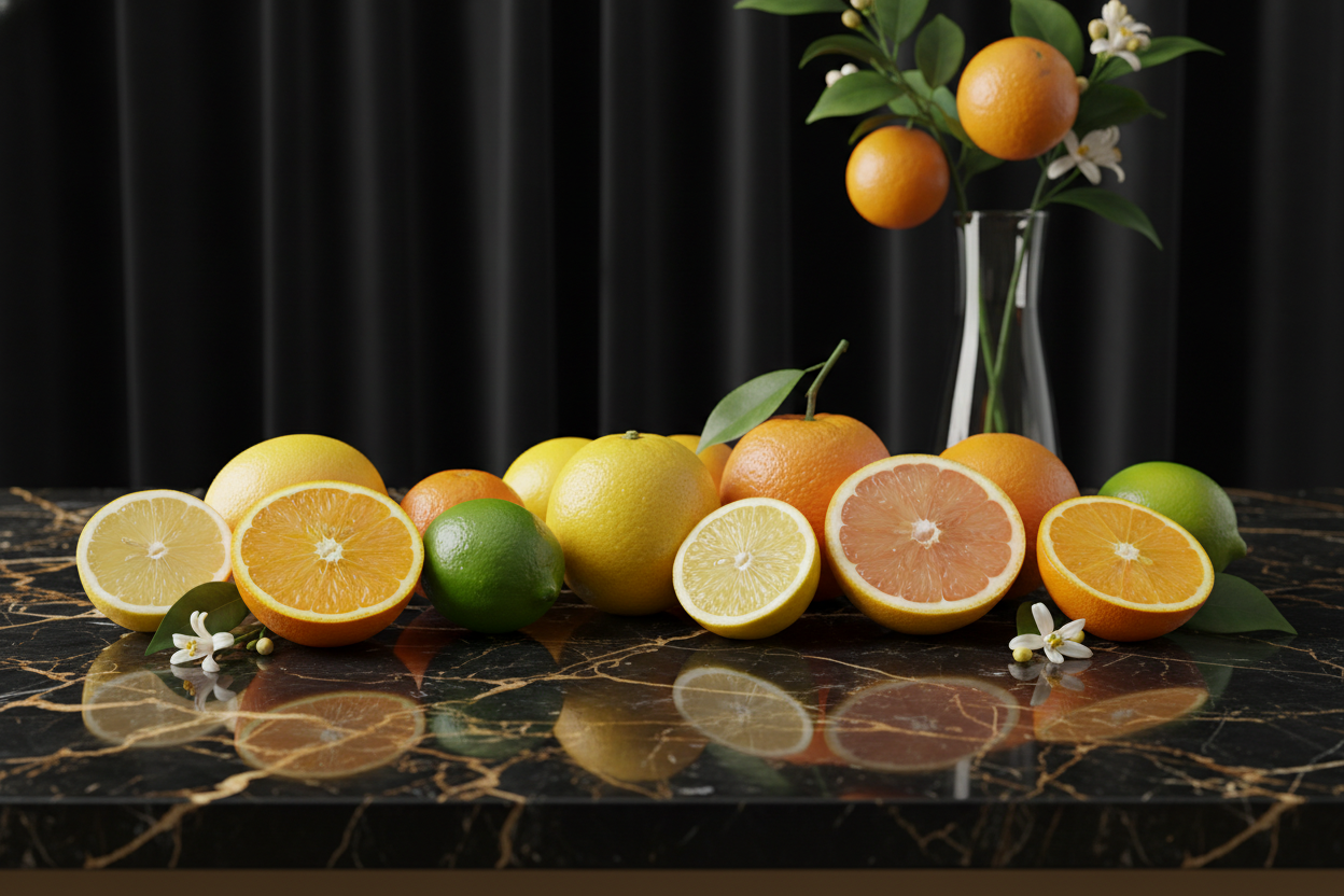 citrus arrangement with black and gold marble counter
