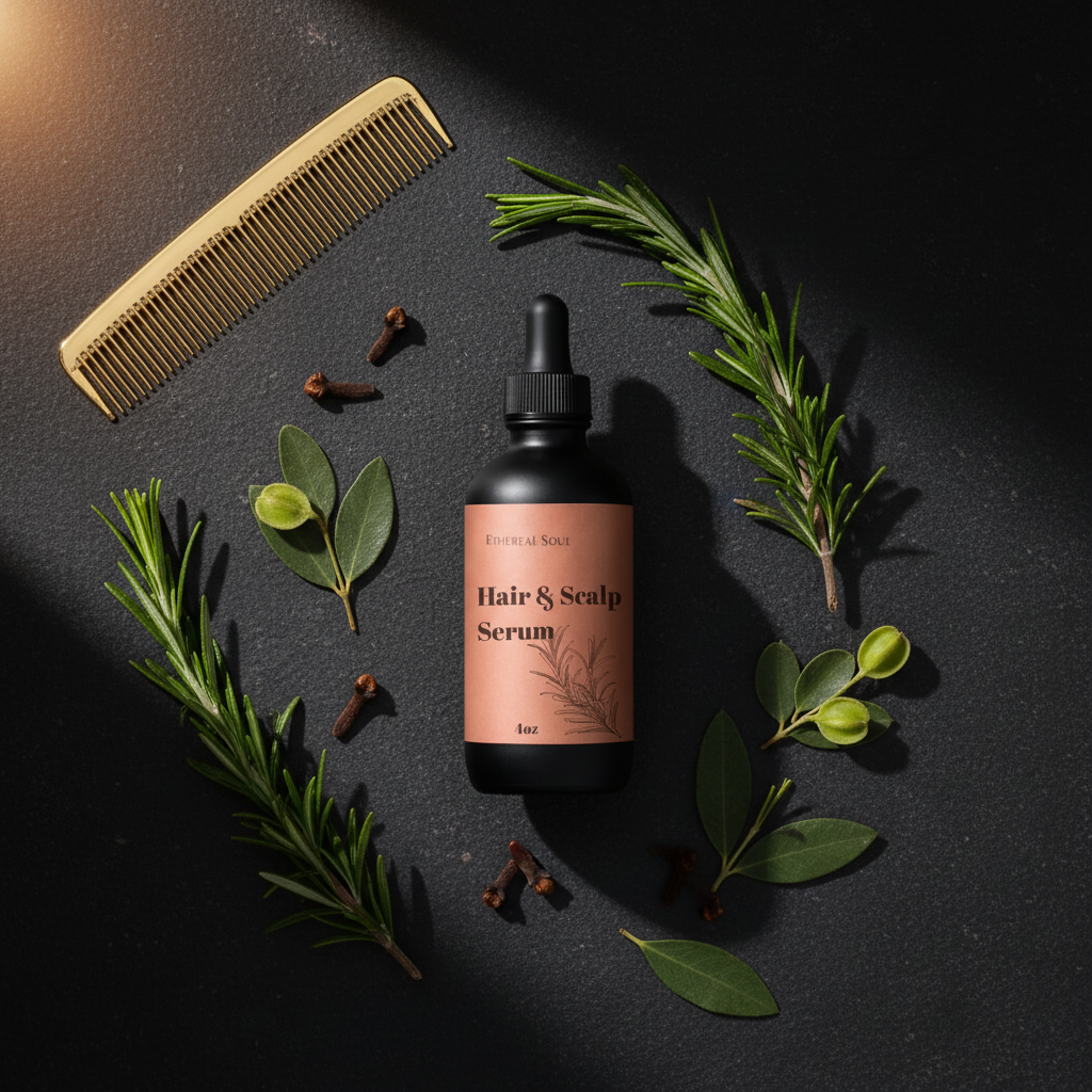 Ethereal Soul Hair & Scalp Serum Botanical Flat Lay with Gold Comb