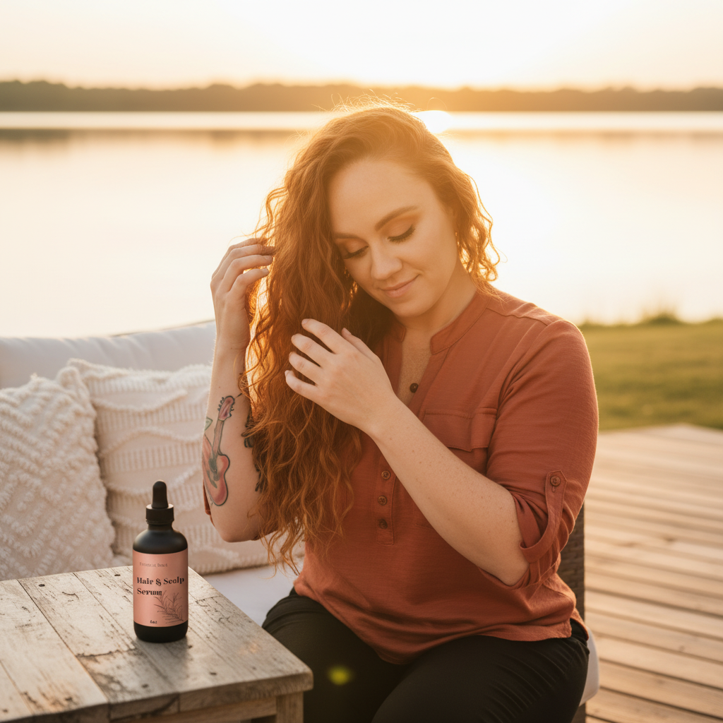 Hair Serum Lake Lifestyle Shot - Bottle on Table