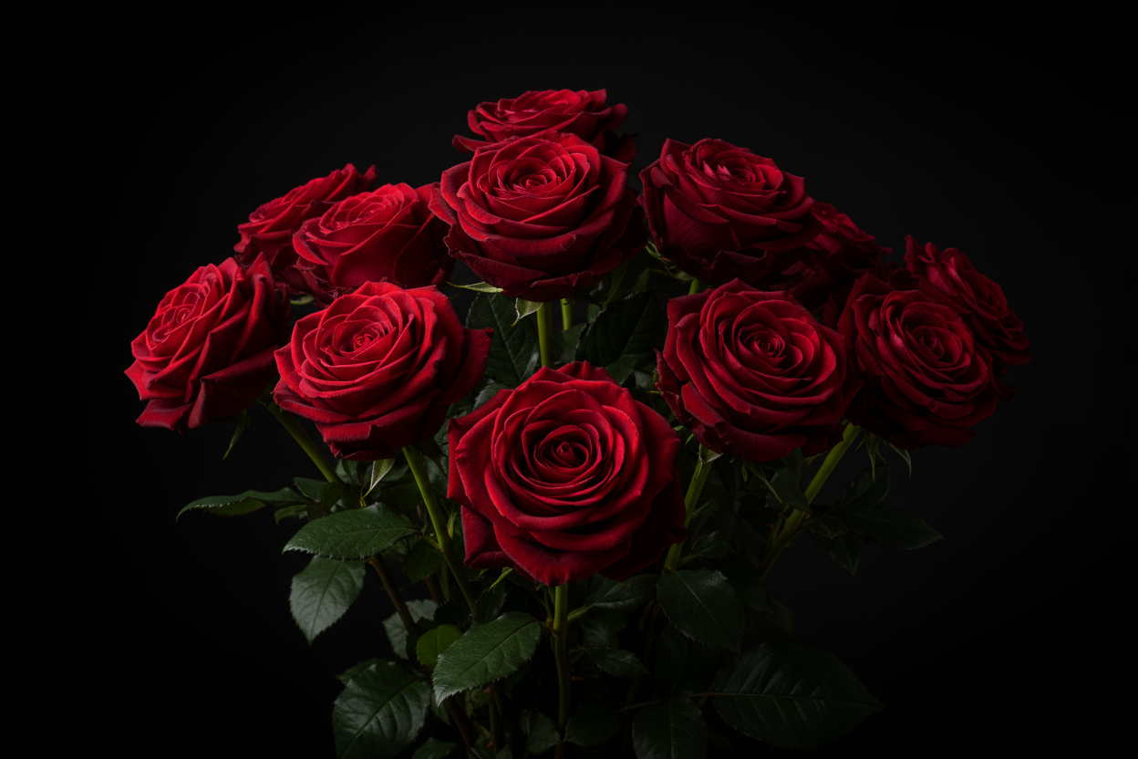 red velvety rose bouquet with black background