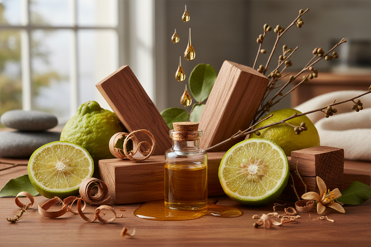 sandlewood, cedarwood, and bergamot