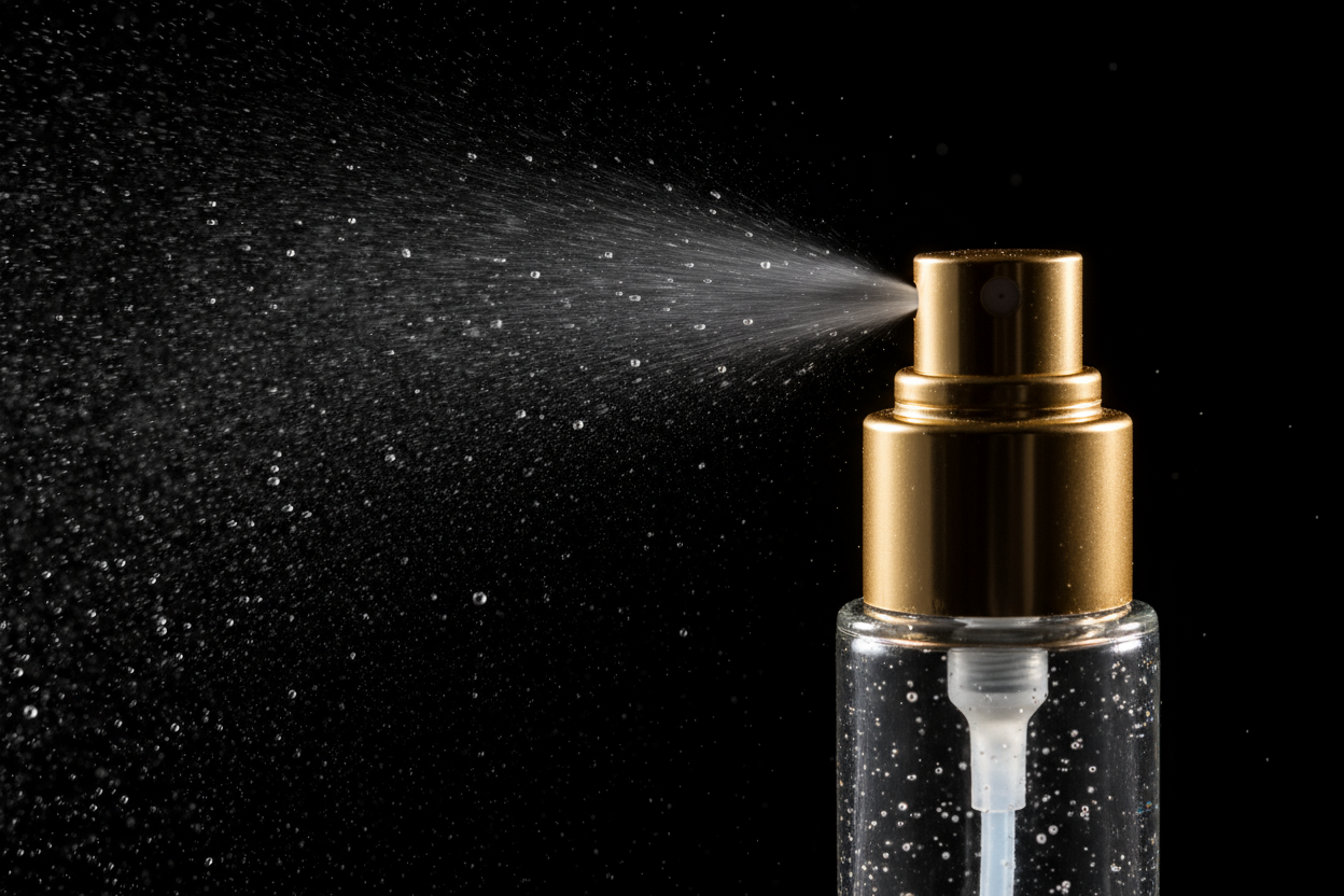 skinny glass pump spray bottle with gold nozzle spraying water up close on the nozzle with a black background
